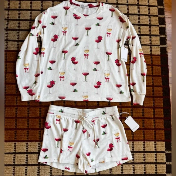 P.J. Salvage Wine Print Pajama Set - shorts + long sleeve top - Picture 2 of 7